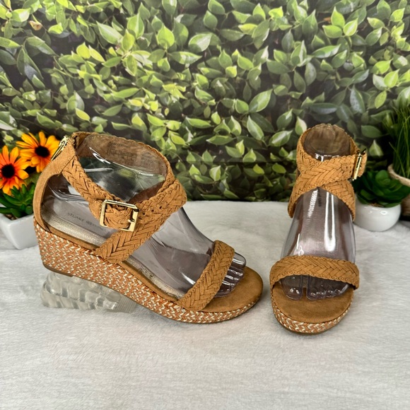 {Stuart Weitzman} Akilah Sparkle Metallic Tan Braided Espadrilles Wedges Sandals - Picture 16 of 16